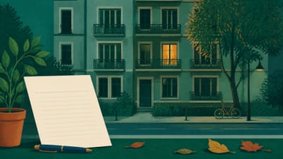 Illustration: ein mehrgeschossiges Wohnhaus mit Balkonen, ein Fenster erleuchtet, davor ein Dokument