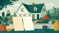 Illustration: ein Wohnhaus, davor zwei Dokumente nebeneinander — eines vergilbt, eines frisch