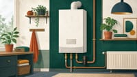 Illustration: ein wandhängender Gas-Brennwertkessel im Hauswirtschaftsraum, daneben Rohrleitungen und ein Heizkörper