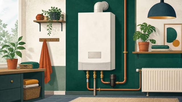 Illustration: ein wandhängender Gas-Brennwertkessel im Hauswirtschaftsraum, daneben Rohrleitungen und ein Heizkörper