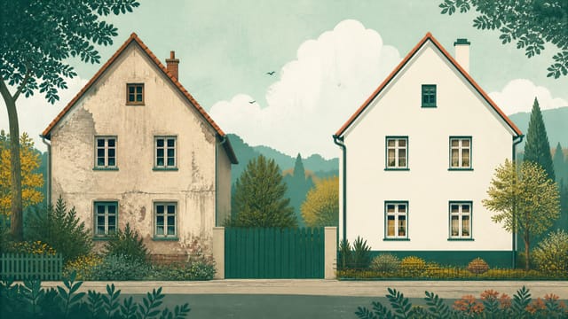 Illustration: zwei gleich große Häuser nebeneinander, das linke mit verwittertem Putz, das rechte frisch verputzt