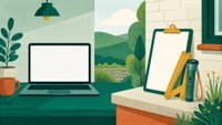 Illustration: links ein Laptop mit leerem Bildschirm, rechts Klemmbrett, Zollstock und Lampe an einer Hauswand