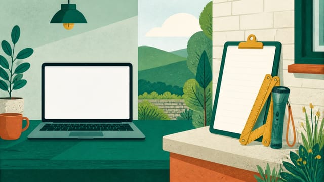 Illustration: links ein Laptop mit leerem Bildschirm, rechts Klemmbrett, Zollstock und Lampe an einer Hauswand