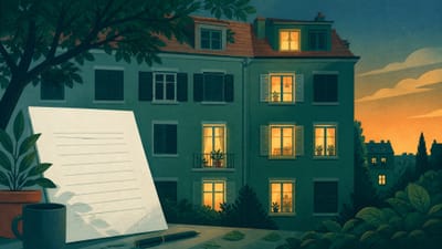 Illustration: ein Mehrfamilienhaus in der Dämmerung, einige Fenster dunkel und verschlossen, andere erleuchtet