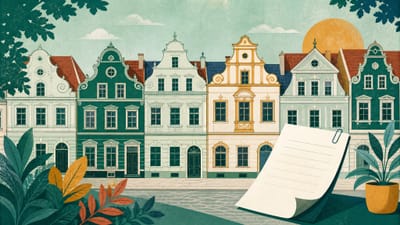 Illustration: eine Reihe historischer Stadthäuser mit einheitlicher Straßenfront, davor ein Dokument