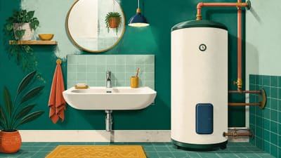 Illustration: ein Badezimmer mit laufendem Wasserhahn und daneben ein Warmwasserspeicher