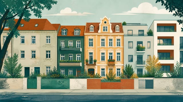 Illustration: eine Reihe Mehrfamilienhäuser verschiedener Baujahre nebeneinander an einer ruhigen Straße