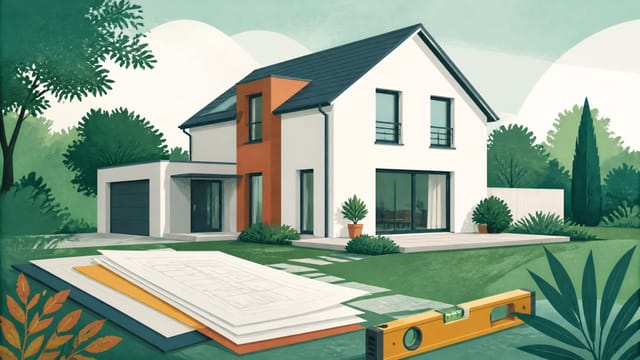Illustration: ein fertiggestellter Neubau auf einem aufgeräumten Grundstück, davor Bauunterlagen und eine Wasserwaage