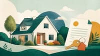 Illustration: ein Einfamilienhaus mit Garten, davor ein Dokument mit Schlüsselbund